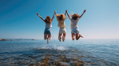 Three joyful friends jump together into the ocean, creating splashes against a bright blue sky. A perfect moment of carefree fun and friendship.の素材