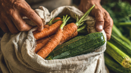 A close-up view of hands holding a natural fabric bag filled with fresh organic carrots and zucchini, showcasing the bounty of a healthy harvest.の素材
