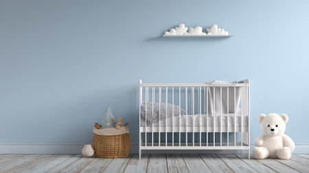 A charming nursery boasting a cozy crib and soft toys, perfect for creating a gentle and inviting space for little ones to sleep and play.の素材