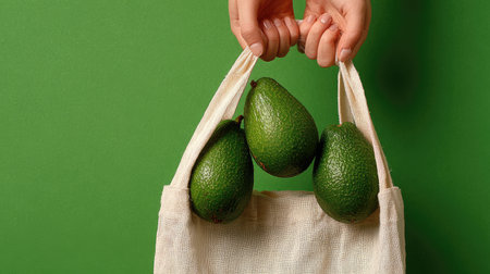 A hand holds a reusable bag containing ripe avocados against a bright green backdrop, promoting healthy eating and eco-conscious living.の素材