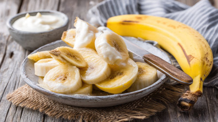 A beautifully arranged plate of freshly sliced bananas served with cream, perfect for a healthy dessert or snack. The rustic wooden background adds warmth.の素材