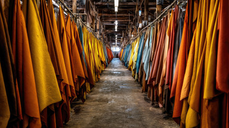 A vivid display of leather hides in rich colors like orange and blue, showcasing the textures and craftsmanship in a rustic industrial workshop environment.の素材