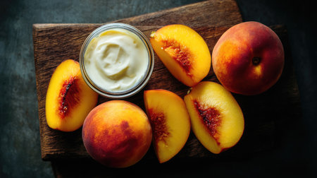 A stunning arrangement of fresh peaches sliced neatly beside a bowl of creamy dessert. Perfect for summer recipes and healthy snacks, showcasing vibrant colors.の素材
