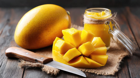 A vibrant composition featuring a ripe mango sliced into cubes next to a jar of mango puree, all set on a rustic wooden table. Perfect for food photography.の素材