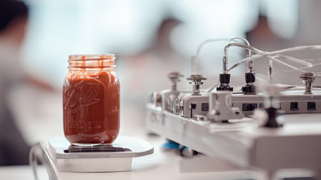 A glass jar filled with tomato sauce sits on a scale in a modern production facility, showcasing the process of food preparation and quality measurements.の素材