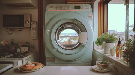 A serene kitchen featuring a turquoise washing machine by the window. Sunlight pours in, highlighting the inviting atmosphere and minimalist decor subtly adorned with plants.の素材