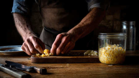 Captivating image of hands skillfully chopping fresh ingredients in a rustic kitchen setting. Perfect for culinary enthusiasts and home chefs.の素材