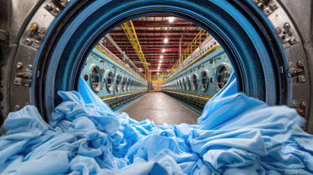A view from inside an industrial washing machine showcasing blue fabrics ready for a wash. The spacious layout emphasizes the commercial laundry environment and modern equipment.の素材