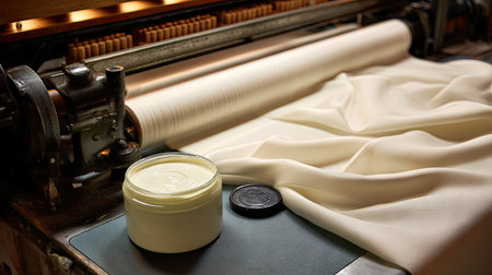 A close-up view of creamy fabric treatment next to a vintage rolling machine, highlighting the rich texture of the fabric and the craftsmanship involved in textile production.の素材