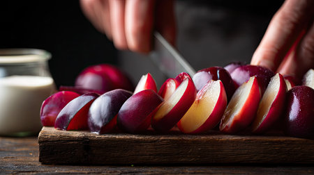 A close-up view of freshly sliced plums on a wooden board, showcasing vibrant colors. Hands prepare the fruit with a knife, complemented by a creamy dip in the background.の素材