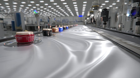 A vibrant conveyor belt in a modern factory setting showcases colorful jars in an efficient production line, highlighting advanced technology and industrial design.の素材