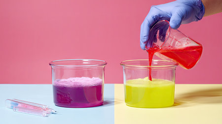 A vibrant laboratory scene showcasing a hand in a glove pouring a pink liquid into a yellow solution in glass beakers. The setup illustrates a colorful chemistry experiment emphasizing liquid reactions.の素材