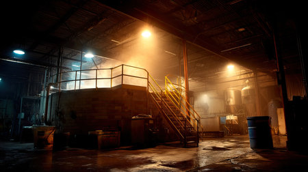 A captivating view of an industrial workshop illuminated by warm lights. Steam rises from a central tank, creating a moody atmosphere that enhances the working environment.の素材