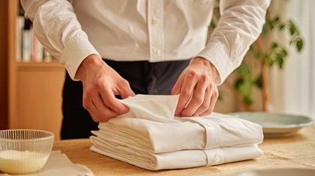 A person skillfully folds a white shirt on a table, showcasing attention to detail in a bright and inviting indoor space. Perfect for lifestyle themes.の素材