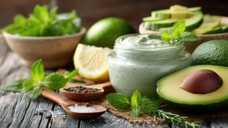 A vibrant arrangement of fresh avocado spread garnished with herbs, lemon, and mint on a rustic wooden table. Ideal for healthy culinary inspirations.の素材