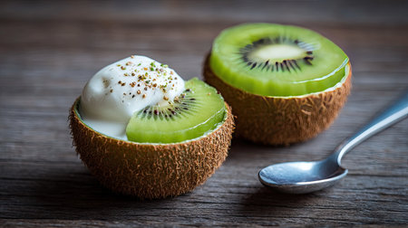 A fresh kiwi half filled with creamy yogurt, placed on a rustic wooden surface. A spoon rests nearby, enhancing the inviting presentation of this healthy dessert.の素材