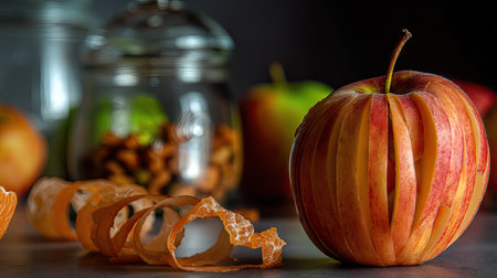 A beautifully arranged apple with artistic peeling sits next to a jar of nuts, representing health, freshness, and culinary creativity in a cozy kitchen atmosphere.の素材