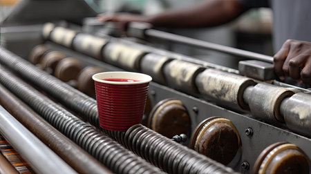 A vibrant red coffee cup sits on an industrial machine in a factory, highlighting the blend of beverage culture and manufacturing. Perfect for showcasing daily rituals in work environments.の素材