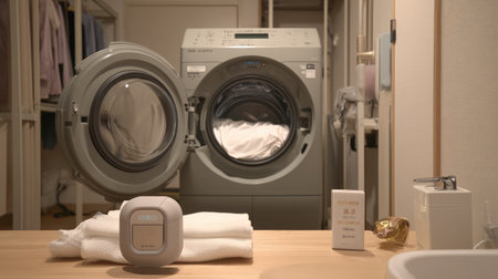 A sleek and modern laundry room featuring a washing machine, neatly stacked clean towels, and an organized workspace, showcasing convenience and style in home care.の素材