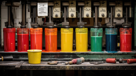 Colorful jars filled with vibrant paints line a workshop surface, showcasing a variety of hues. Perfect for creative projects and artistic inspiration.の素材