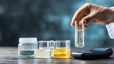 A laboratory setup showcases a hand holding a test tube filled with liquid, surrounded by various glass containers, highlighting the testing process in research.の素材