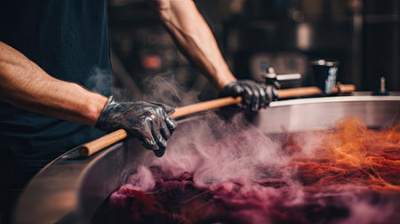 This captivating image showcases the detailed process of dyeing fabric, where vibrant colors mix in a steam-filled environment. The artisan skillfully manipulates the dye pot, creating unique shades.の素材