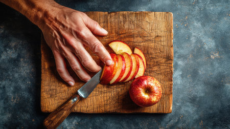 A close-up image showcasing the process of slicing fresh red apples with a knife on a rustic wooden cutting board. Ideal for culinary and health themes.の素材