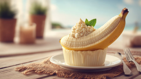 A beautifully presented banana dessert topped with whipped cream and a mint leaf, perfect for summer treats. Ideal for food photography and culinary inspiration.の素材