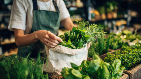 A woman gathers fresh organic greens from a market stall, showcasing the rich texture and vibrant colors of herbs and vegetables in a natural setting.の素材