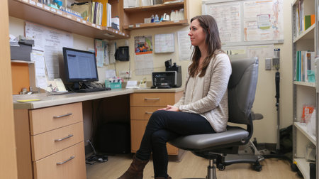 A young woman sits calmly at her desk in an office setting, focusing on the computer in front of her. Organizational materials and documents are visible on the shelves, creating a professional yet inviting atmosphere.の素材