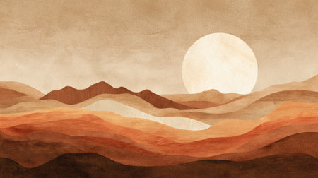 A warm and inviting abstract landscape featuring rolling hills and a large sun creating a serene and peaceful atmosphere perfect for artistic projects.の素材