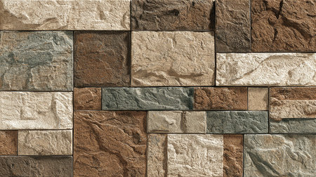 This image features a textured stone wall showcasing a blend of earthy tones, perfect for various construction and design projects, adding a natural touch.の素材