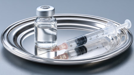 A medical syringe is placed next to a clear vial on a shiny metal tray, symbolizing precision in healthcare and the importance of safe medical practices.の素材