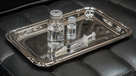 A polished medical tray holds glass vials filled with liquid alongside syringes, symbolizing healthcare preparations for injections and treatments.の素材