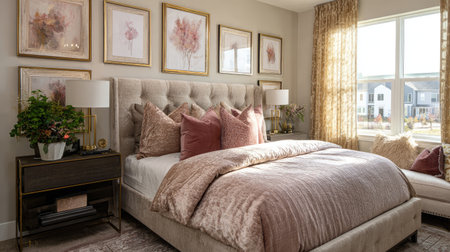 Discover an elegant and cozy bedroom featuring stylish decor, soft textiles, and beautiful wall art, creating a serene and inviting atmosphere.の素材
