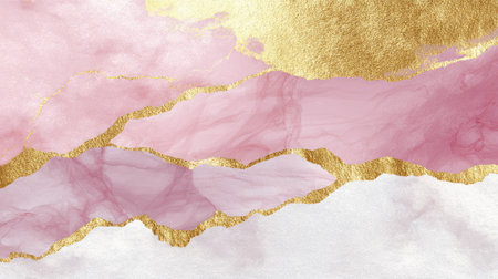 This stunning abstract fluid art piece features soft pink waves enhanced with shimmering gold accents atop a textured white background, ideal for decor.の素材
