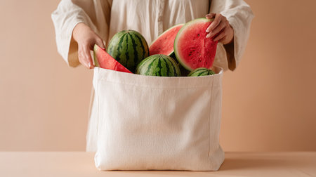 A woman joyfully holds slices of fresh watermelon as she pulls them from a soft canvas bag. The serene neutral background highlights the vibrant colors of the fruit, evoking a healthy lifestyle and summer vibes.の素材