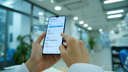 A person uses a smartphone to interact with a mobile application in a sleek modern office. The image captures the essence of technology in daily work life.の素材