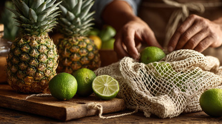 A close-up scene depicting fresh limes and pineapples on a wooden table. Hands sort the produce in warm, natural lighting, emphasizing freshness and culinary creativity.の素材
