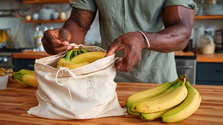 A man is seen unpacking ripe bananas from a reusable bag in a modern kitchen. This scene captures the essence of fresh living and healthy eating.の素材