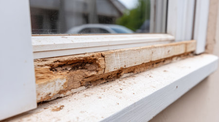 Close-up view of a weathered window frame displaying extensive wood rot and damage due to moisture exposure, highlighting home repair challenges.の素材