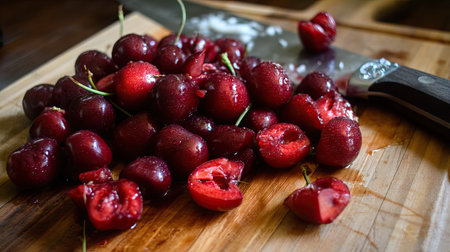 A vibrant arrangement of fresh cherries cut on a wooden cutting board, alongside a sharp knife. Perfect for highlighting healthy cooking and summer flavors.の素材