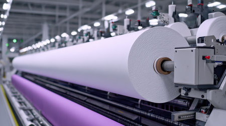 Discover a detailed view of a modern paper production process featuring rolls of vibrant paper in a high-tech factory setting, highlighting automation and precision.の素材