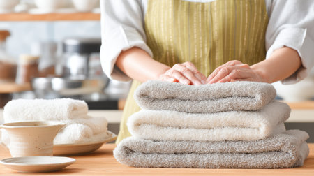 A woman organizes freshly folded towels in a modern kitchen, showcasing a sense of cleanliness and domestic tranquility, perfect for lifestyle and home decor themes.の素材