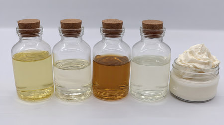 A visually appealing assortment of natural oils and a luxurious cream in glass containers, showcasing various textures and colors perfect for beauty and wellness applications.の素材