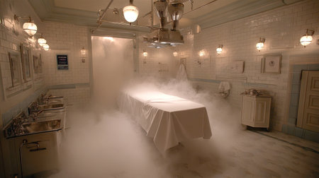 This captivating surgical room features a foggy atmosphere with soft lighting. The pristine design and vintage details create a tranquil yet intriguing space.の素材