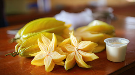 Vibrant yellow starfruit and a small cup of cream are beautifully arranged on a wooden table. This fresh and healthy composition highlights the tropical delight.の素材