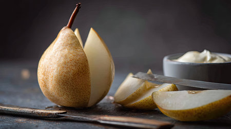 A beautifully arranged image featuring a freshly sliced pear next to a knife and a creamy dip, perfect for showcasing healthy snacks or culinary creations.の素材