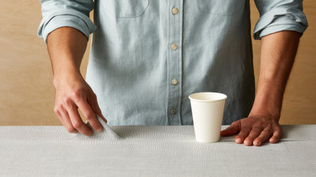 A person prepares a clean table surface with a white cup and a hand tool, creating a simple and minimalistic dining or workspace setting.の素材