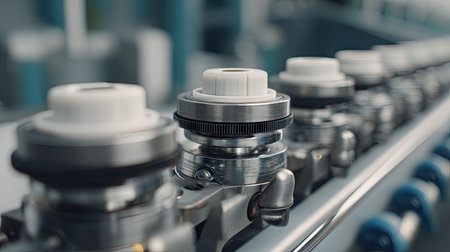 This image captures a close-up view of industrial machinery components on a production line, highlighting the intricate details and precision of modern manufacturing processes.の素材